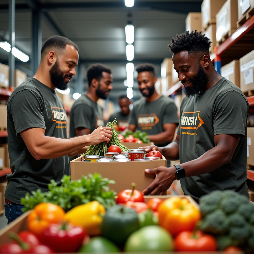 Group of diverse men volunteers organizing food donations in a community food bank warehouse, wearing matching ministry t-shirts, sorting fresh produce and canned goods into family-sized boxes, warm lighting creating welcoming atmosphere, shelves stocked with food supplies in background