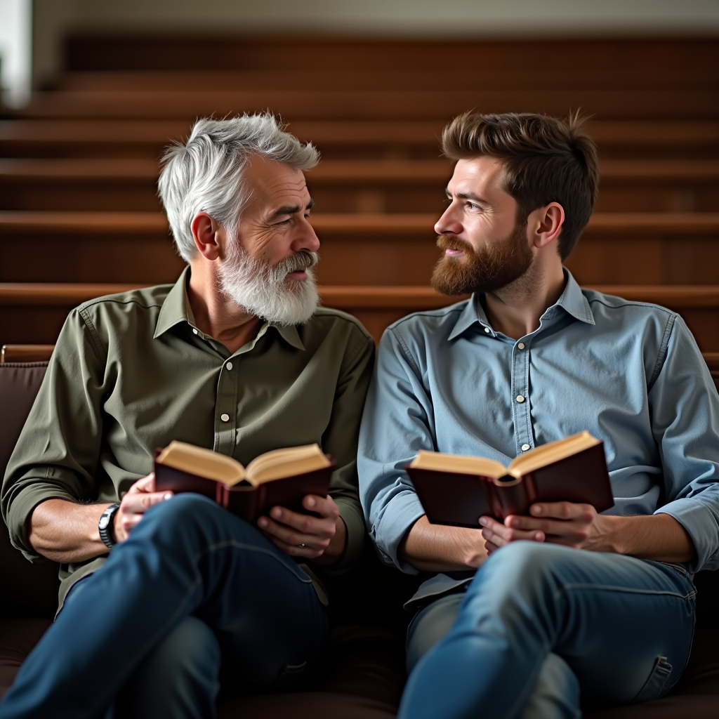 Two Christian men sitting together in a comfortable church setting, one older mentor with gray hair and one younger mentee, both holding Bibles, engaged in deep conversation with warm lighting and wooden furniture in background