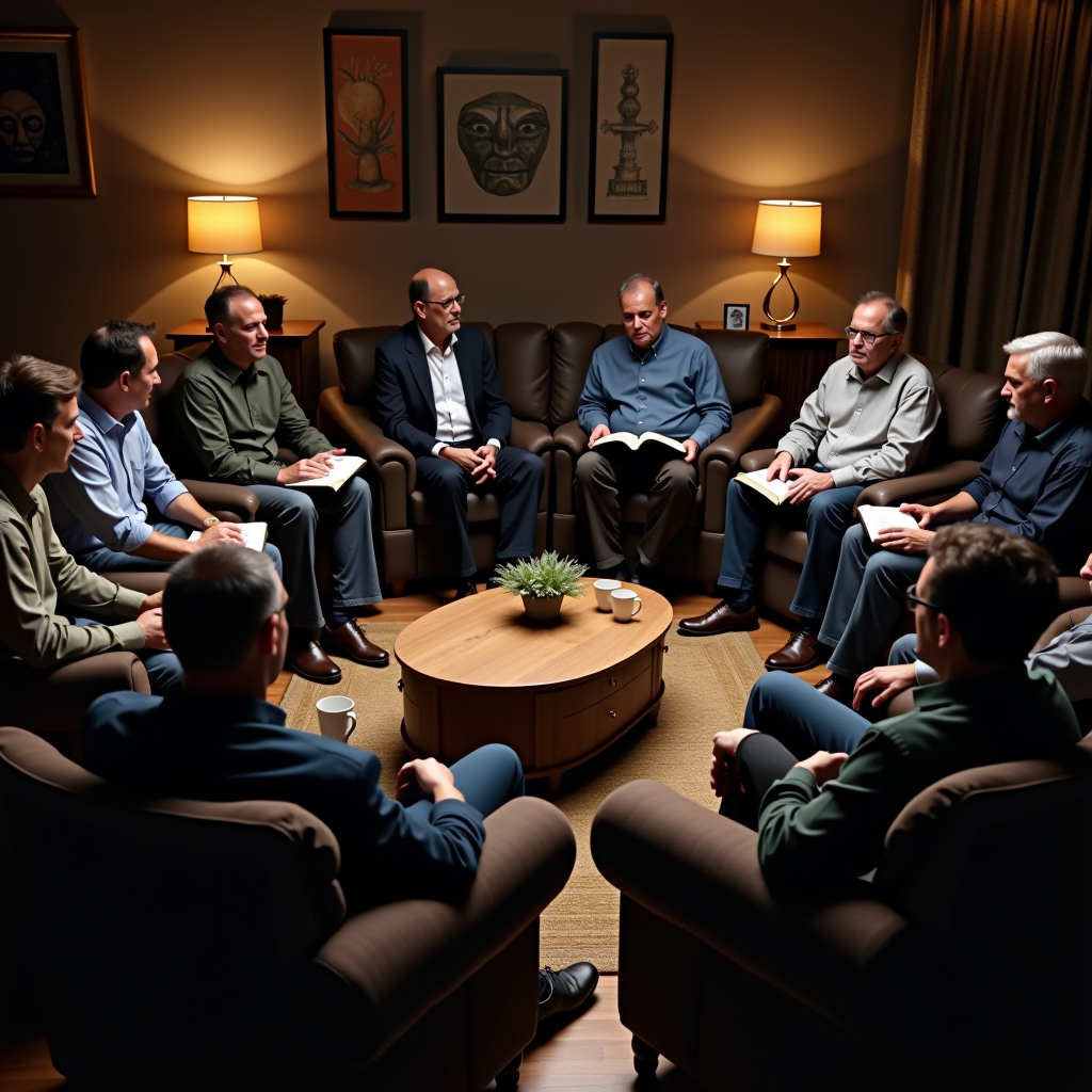Men gathered in a circle in a comfortable living room setting, sitting on couches and chairs, with open Bibles and coffee cups, engaged in deep conversation, warm lighting creating an atmosphere of trust and fellowship, diverse group of 6-8 men of various ages showing authentic connection