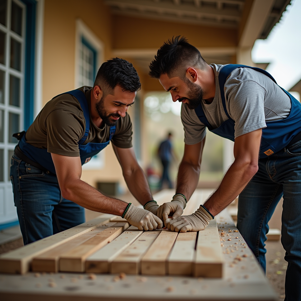 Men working together on a community service project, building and serving with purpose, demonstrating leadership through action and teamwork