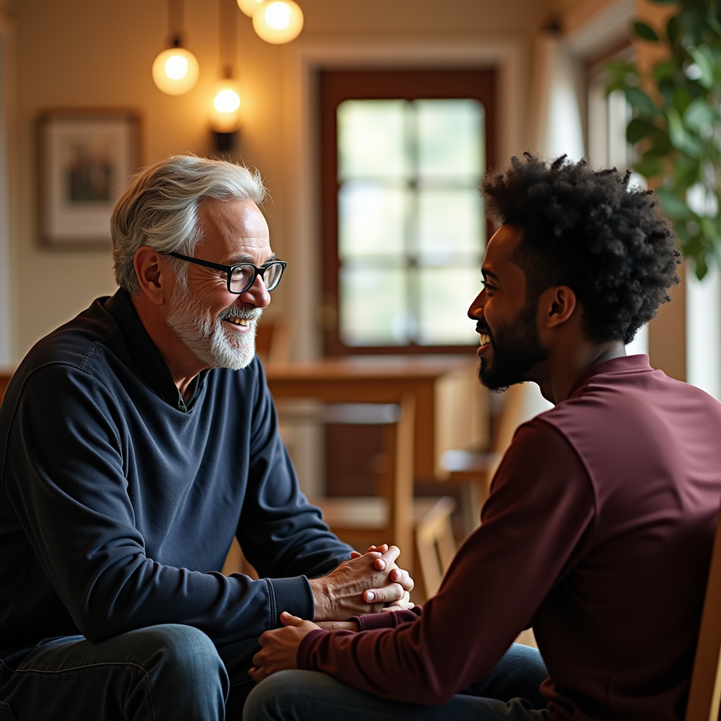 Experienced mentor sitting with young man in a welcoming community center, both engaged in meaningful conversation, warm lighting, supportive atmosphere, faith-based mentorship program setting