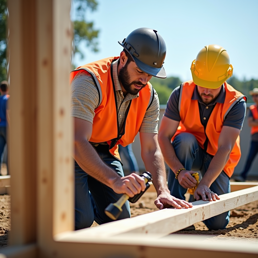 Men in work clothes and safety vests building a house frame together, hammering and measuring wood, with community members watching in background, bright sunny day with construction tools and materials visible