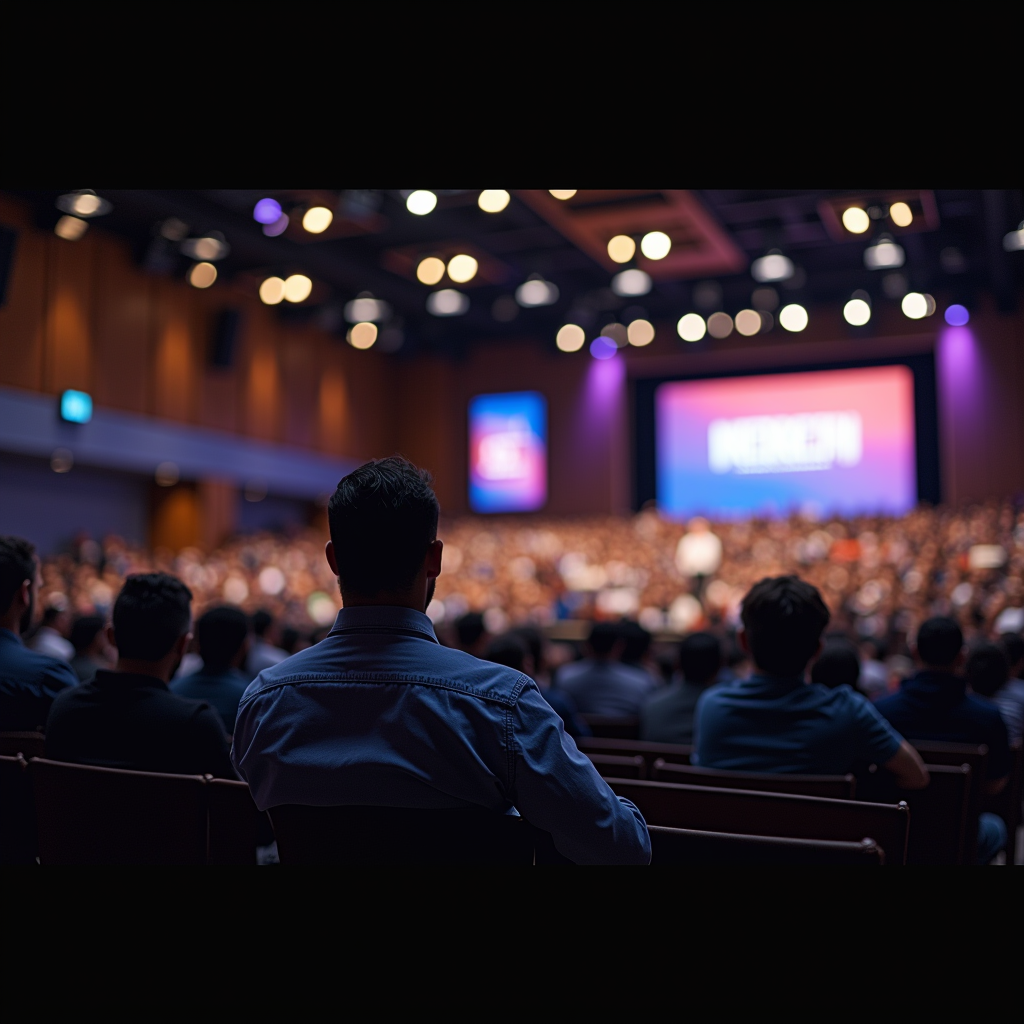Large conference hall filled with men attending leadership conference, keynote speaker on stage, attendees engaged and taking notes, professional faith-based gathering, diverse group of participants