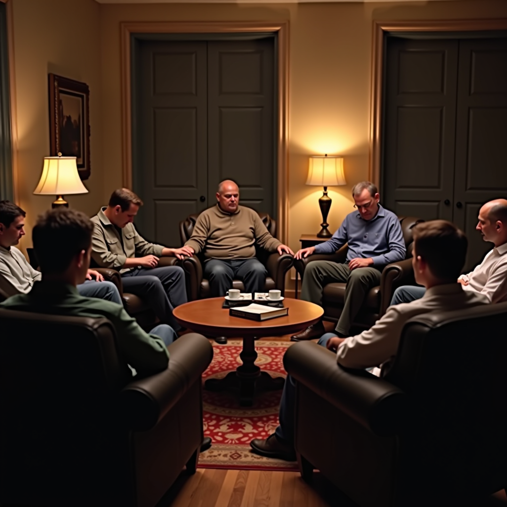 Circle of six to eight men sitting in comfortable chairs in a cozy living room setting, heads bowed in prayer, holding hands, with Bibles and coffee cups on side tables, warm lamp lighting creating intimate atmosphere