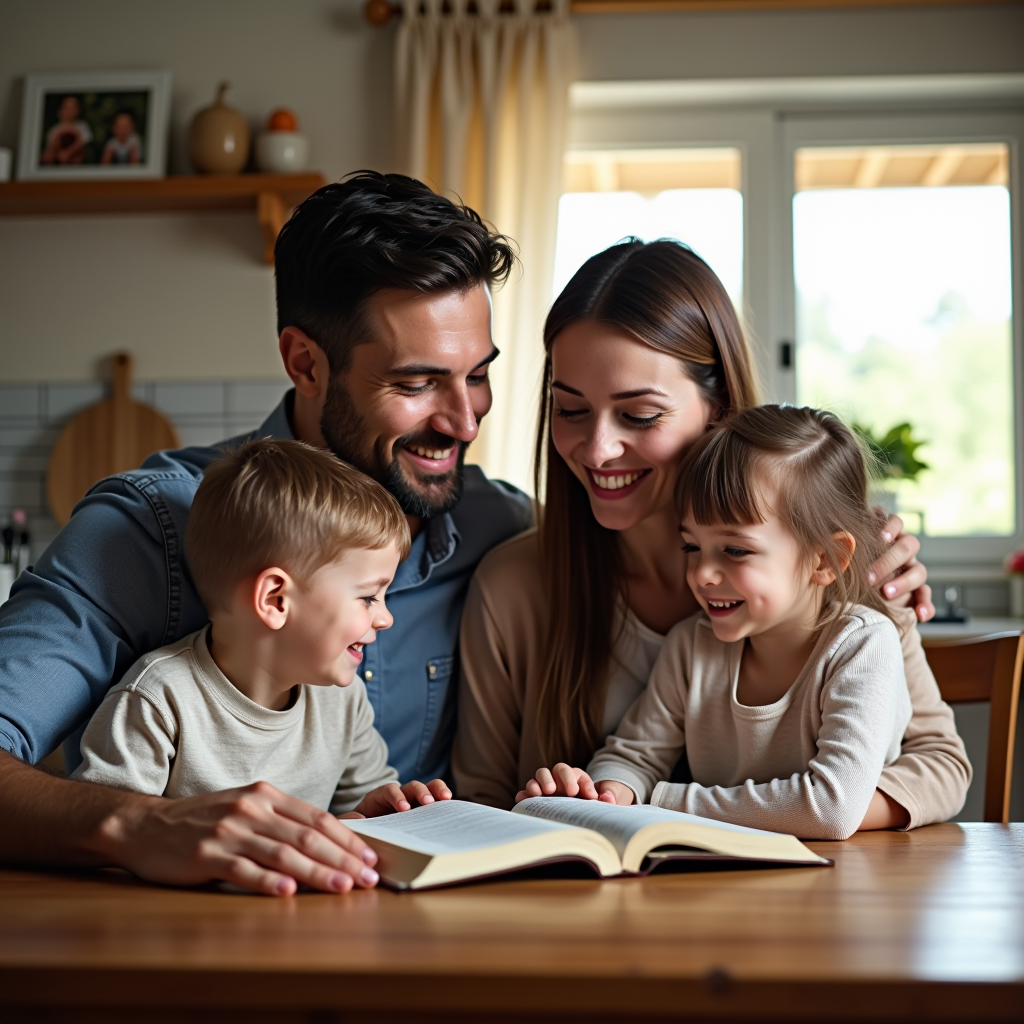 Father sitting with his wife and two children at kitchen table, all smiling and reading from a family Bible together, warm home environment with family photos on walls, natural window light streaming in